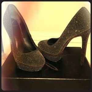Brian Atwood evening gold and black shimmer heels